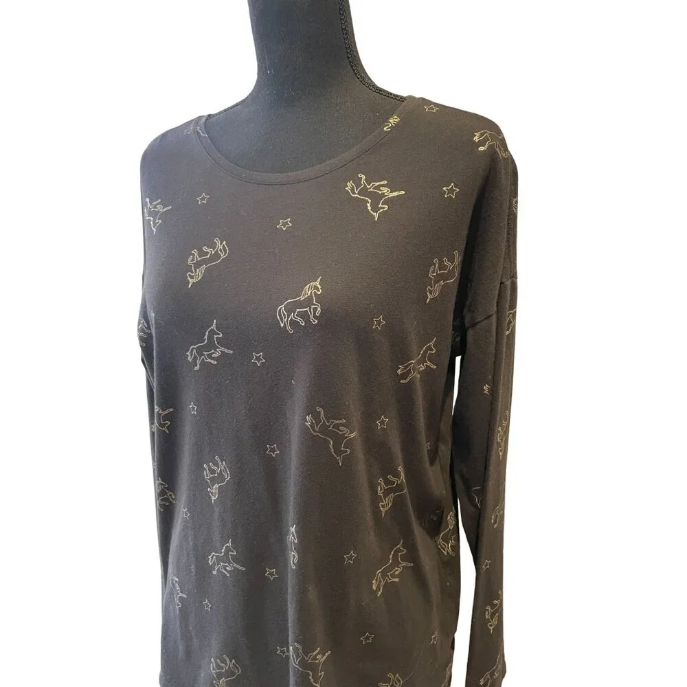 Vintage Old Navy Gold Foil Unicorn‎ Long Sleeve Top - Black & Metallic Gold XXL